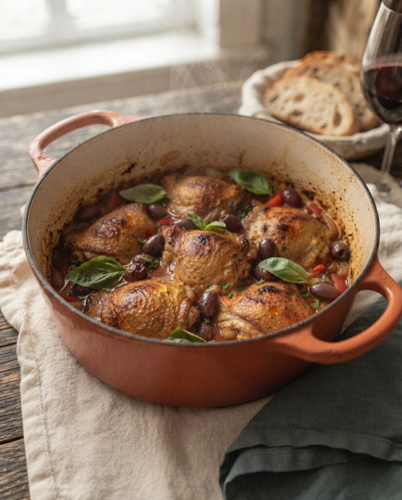 Oven-braised chicken cacciatore with golden thighs, olives, and fresh basil in a terracotta Dutch oven