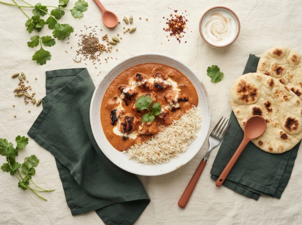 Overhead flatlay of Chicken Tikka Masala with rice, naan, and aromatic spices - easy weeknight dinner