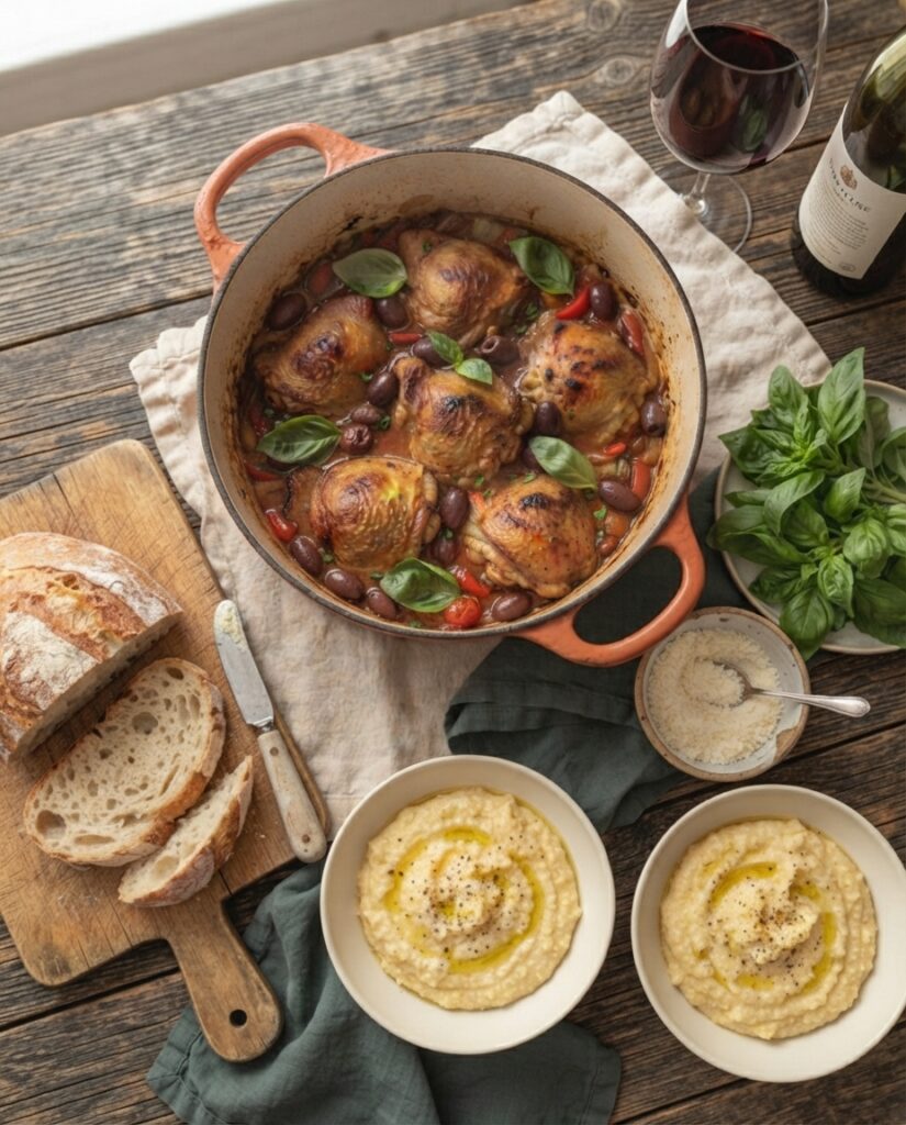 Overhead flatlay of a chicken cacciatore dinner spread with polenta, crusty bread, Parmesan, and red wine
