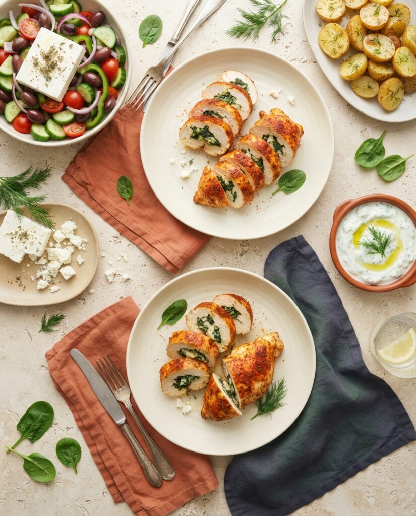 Overhead flatlay of a spinach and feta stuffed chicken dinner with Greek side dishes