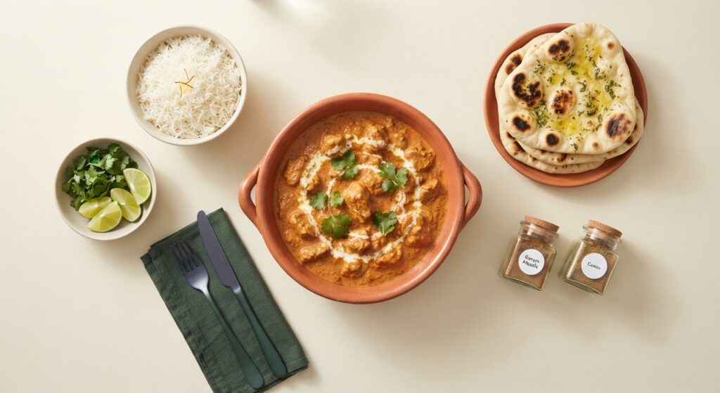 Overhead flatlay of butter chicken dinner with rice naan and Indian spices