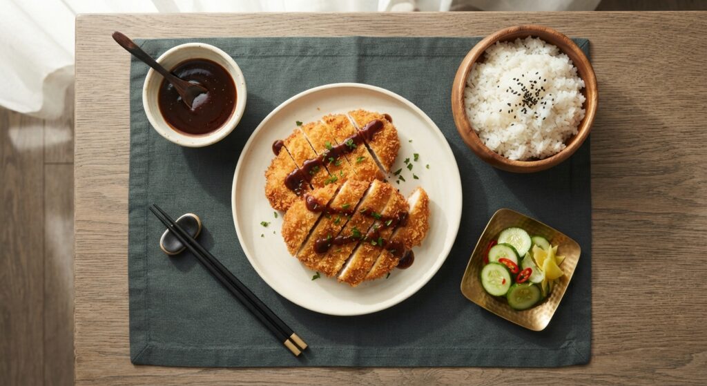 Overhead flatlay of chicken katsu dinner with tonkatsu sauce, rice and pickled vegetables