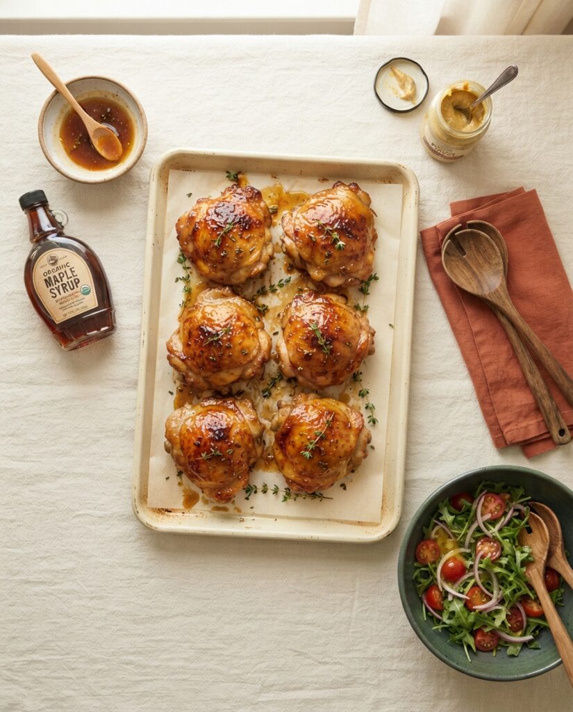 Overhead flatlay of maple Dijon roasted chicken thighs with glaze ingredients and sides