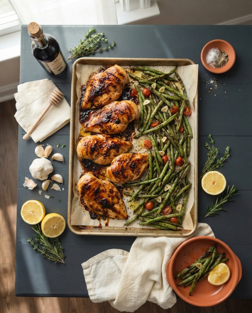 Overhead flatlay of one-pan balsamic glazed baked chicken and green beans with ingredients on a green table