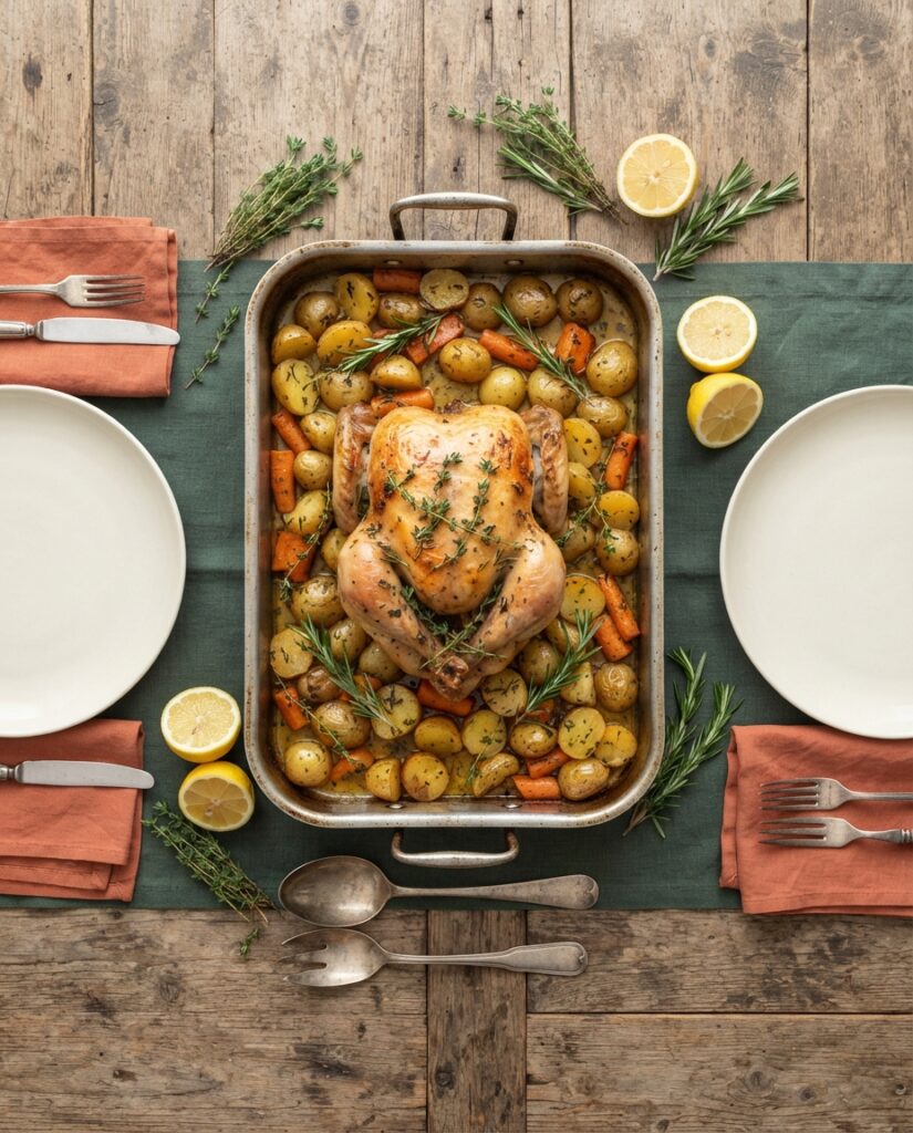 Overhead flatlay of one pan roasted chicken with potatoes and carrots on a family dinner table