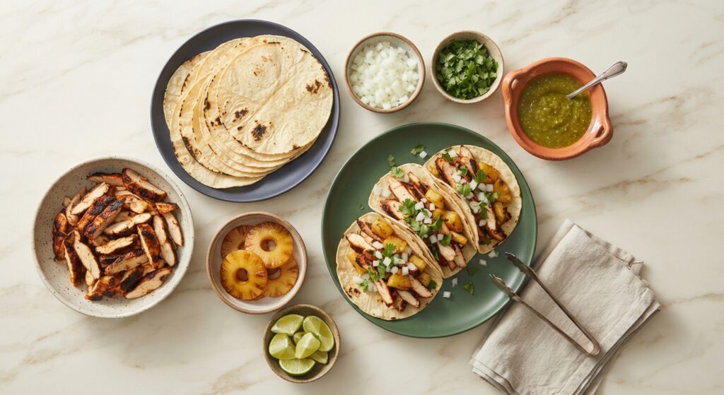 Overhead view of chicken al pastor taco ingredients and toppings arranged on marble counter