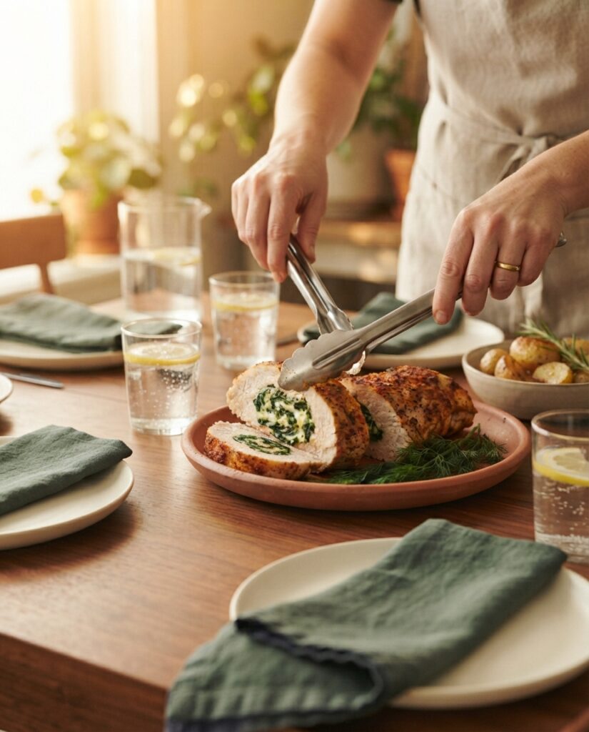 Serving sliced spinach and feta stuffed chicken breast at a cozy family dinner table