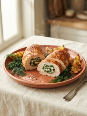 Spinach and feta stuffed chicken breast sliced open on a terracotta plate