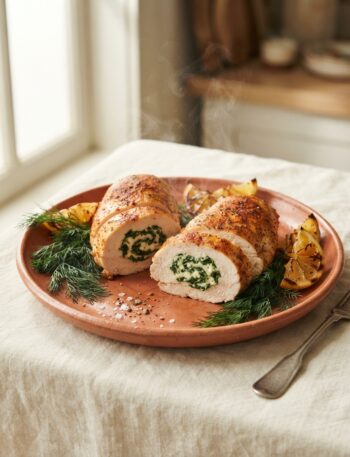 Spinach and feta stuffed chicken breast sliced open on a terracotta plate