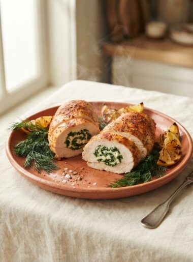 Spinach and feta stuffed chicken breast sliced open on a terracotta plate