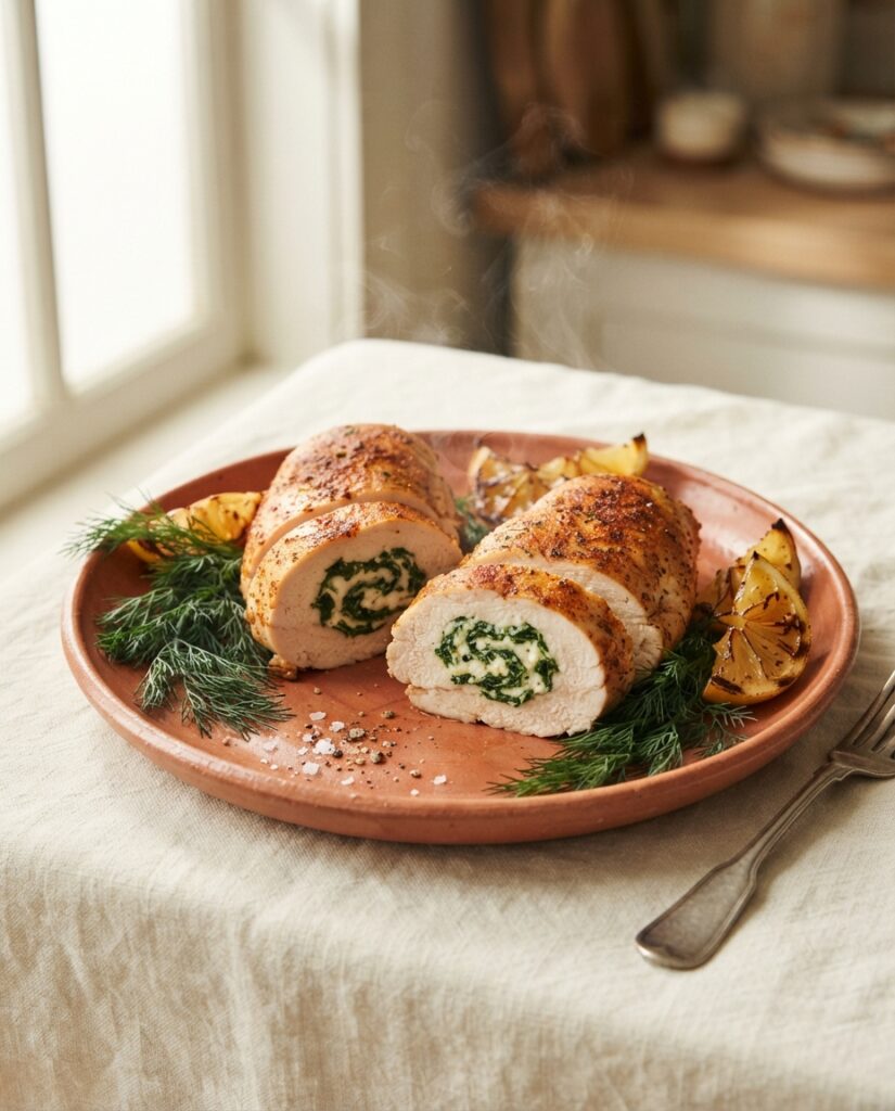 Spinach and feta stuffed chicken breast sliced open on a terracotta plate