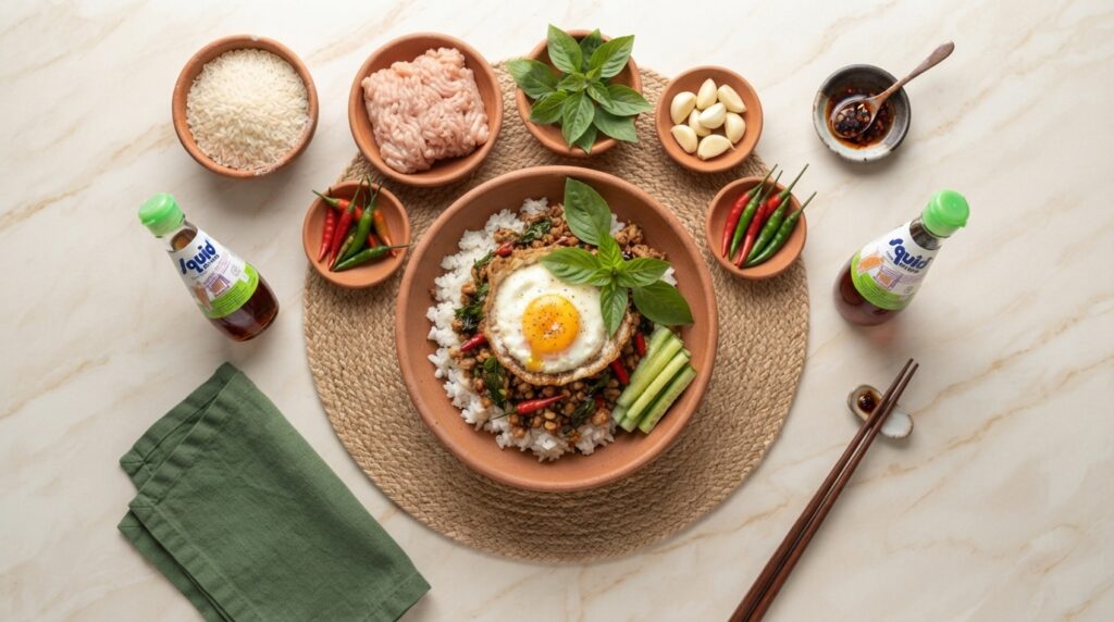 Thai Basil Chicken Pad Kra Pao ingredients flatlay - garlic, basil, chilies, sauces