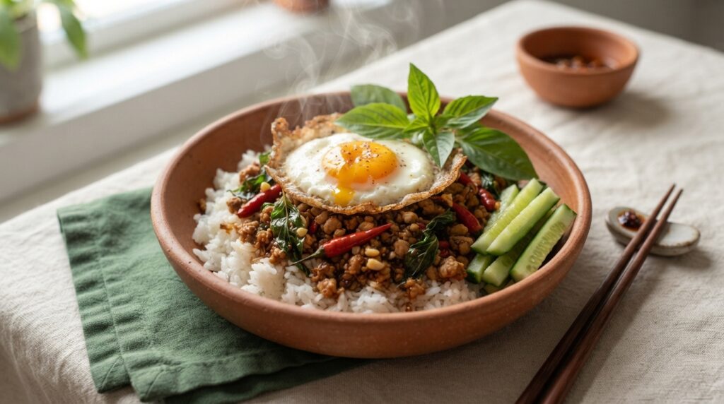 Thai Basil Chicken Pad Kra Pao with fried egg and rice - authentic Thai street food