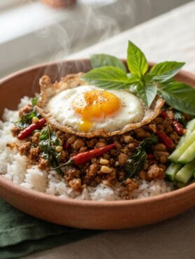 Thai Basil Chicken Pad Kra Pao with fried egg and rice - authentic Thai street food