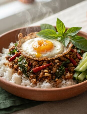 Thai Basil Chicken Pad Kra Pao with fried egg and rice - authentic Thai street food