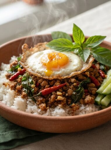 Thai Basil Chicken Pad Kra Pao with fried egg and rice - authentic Thai street food