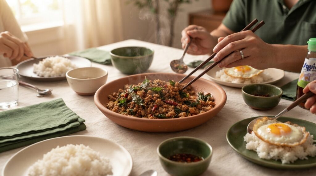 Thai Basil Chicken served family-style with rice and eggs - easy weeknight dinner