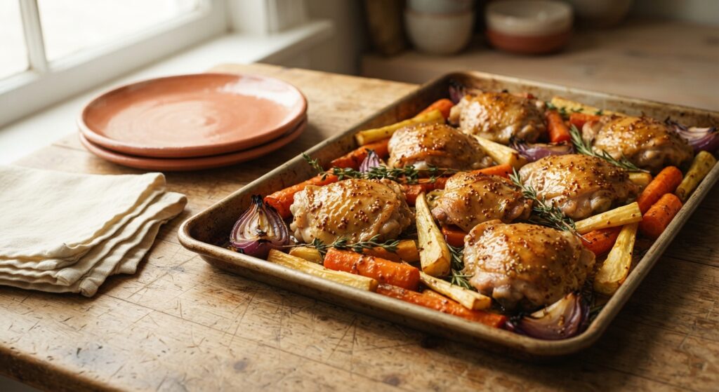 a beautiful sheet pan of honey mustard chicken and roasted root veggies