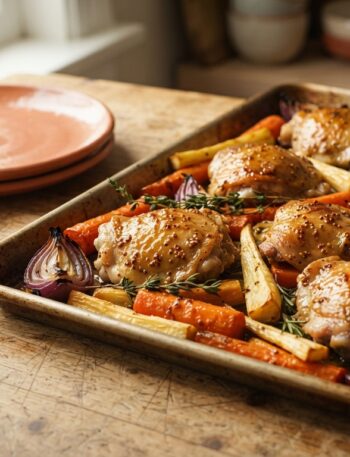 a beautiful sheet pan of honey mustard chicken and roasted root veggies