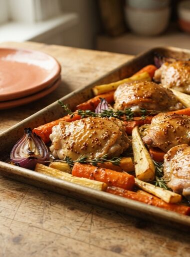 a beautiful sheet pan of honey mustard chicken and roasted root veggies