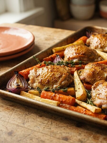a beautiful sheet pan of honey mustard chicken and roasted root veggies