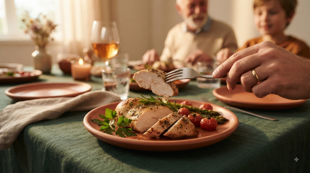 a fork lifting a tender piece of juicy baked chicken breast