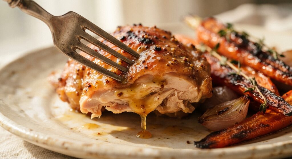 a fork piercing a tender piece of honey mustard chicken thigh