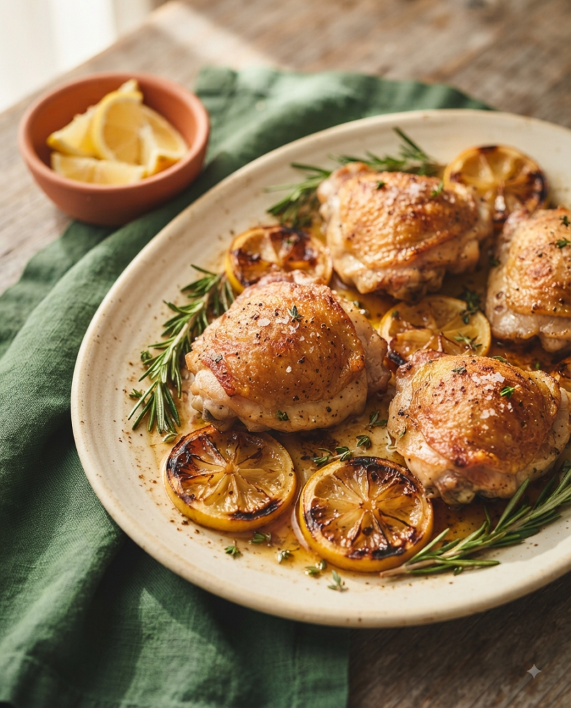 crispy baked chicken thighs with blistered, crackling skin,