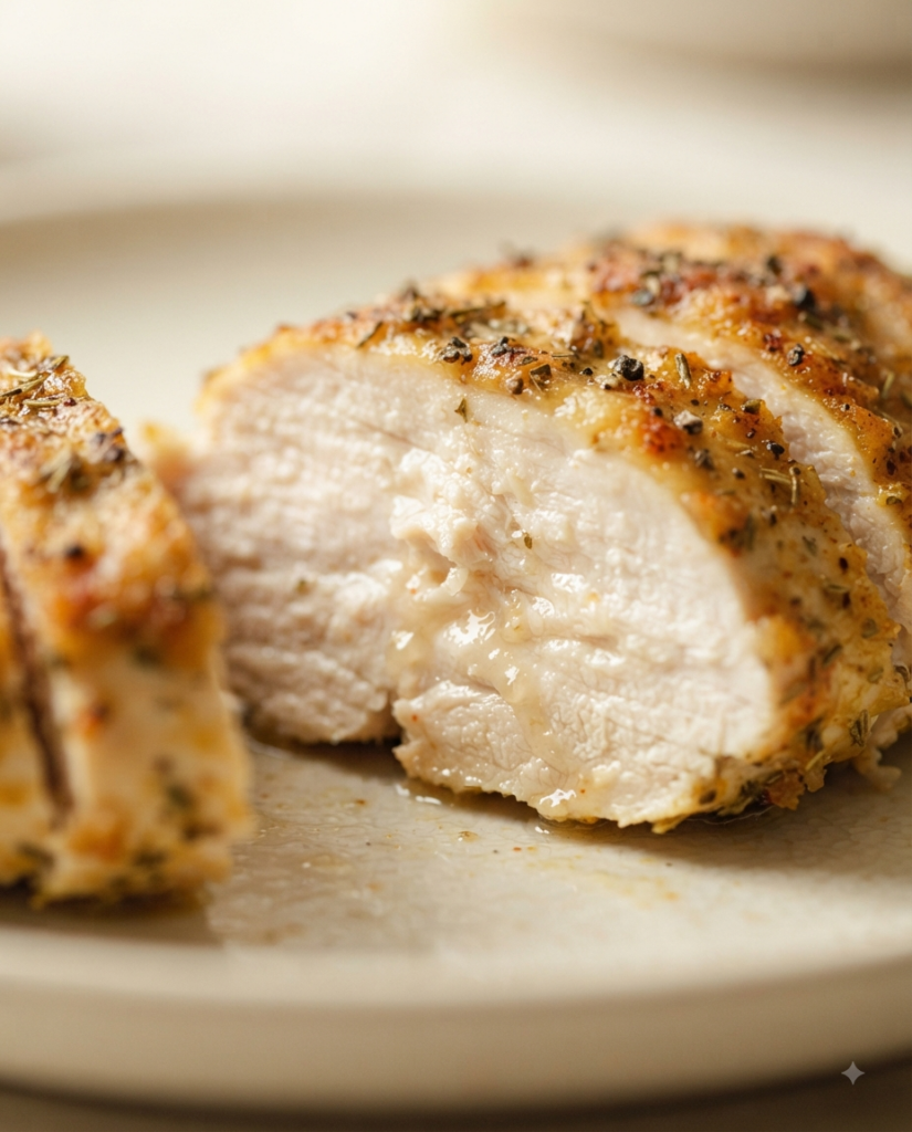 cross-section of a sliced juicy baked chicken breast