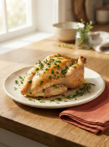 perfectly baked juicy chicken breast on a cream color