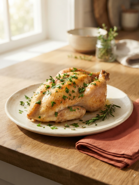 perfectly baked juicy chicken breast on a cream color