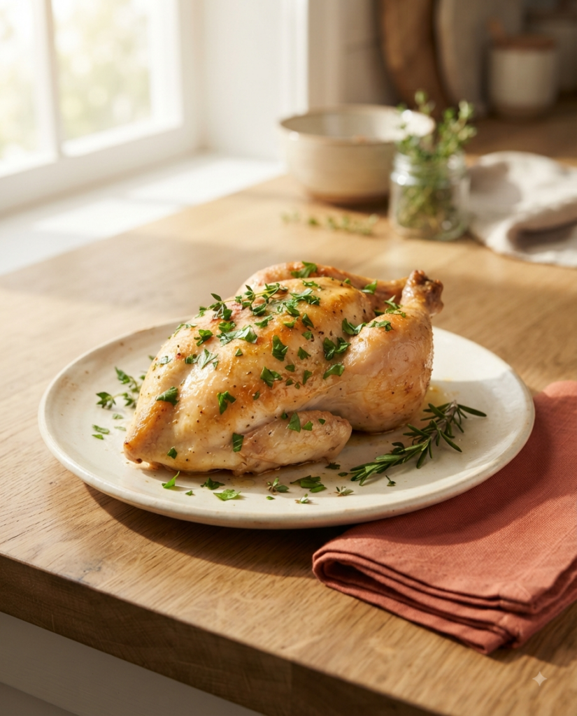 perfectly baked juicy chicken breast on a cream color
