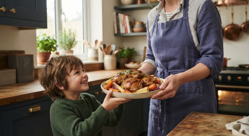 plate of honey mustard chicken and root veggies to a smiling child
