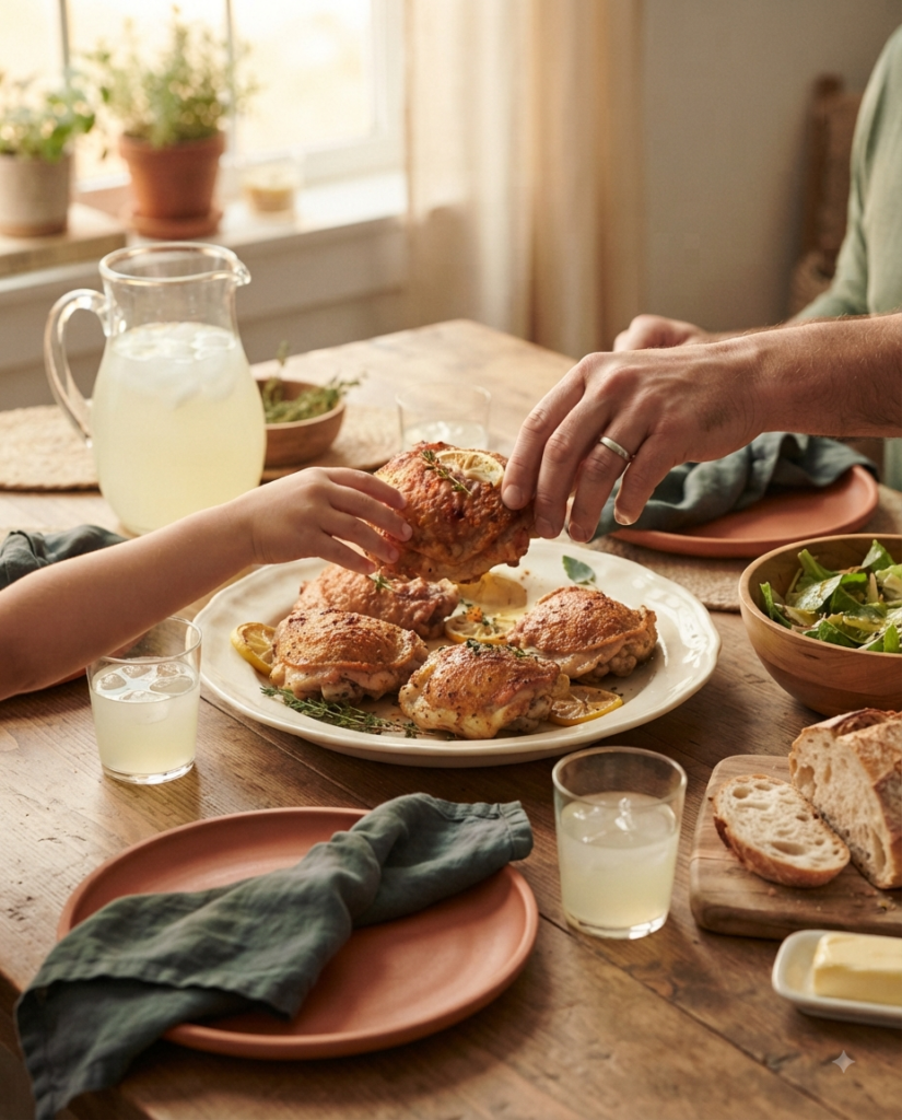 serving platter at the centre of a warm wooden dining table