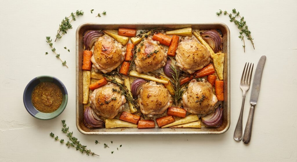 sheet pan honey mustard chicken and veggies in the center
