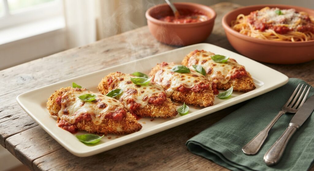 Air Fryer Chicken Parmesan with melted mozzarella cheese and marinara sauce on cream serving platter with pasta