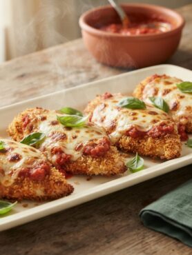 Air Fryer Chicken Parmesan with melted mozzarella cheese and marinara sauce on cream serving platter with pasta