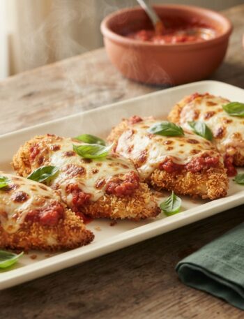 Air Fryer Chicken Parmesan with melted mozzarella cheese and marinara sauce on cream serving platter with pasta