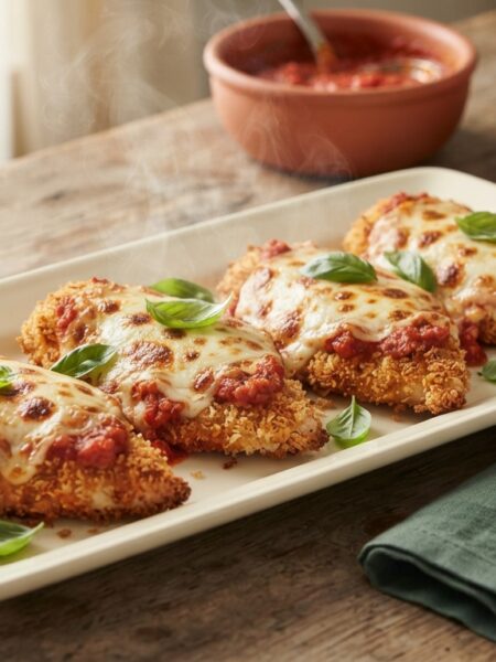 Air Fryer Chicken Parmesan with melted mozzarella cheese and marinara sauce on cream serving platter with pasta