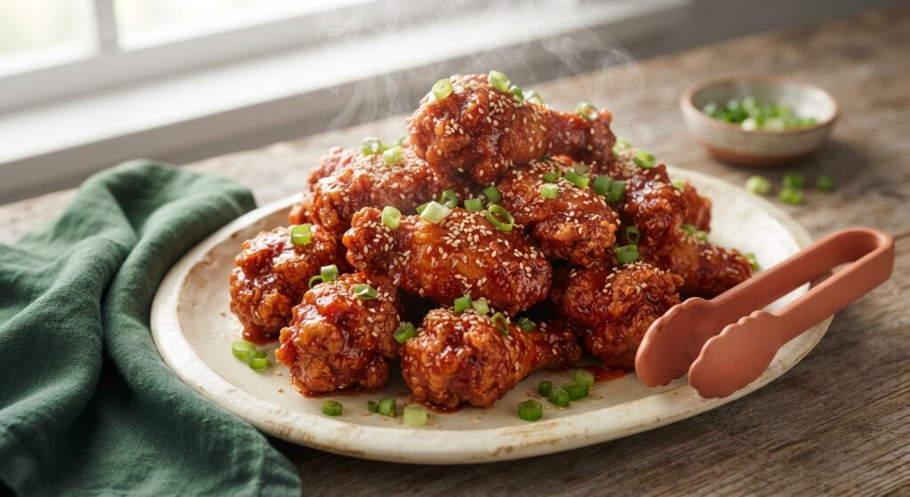 Air fryer Korean fried chicken with sweet spicy glaze on cream platter