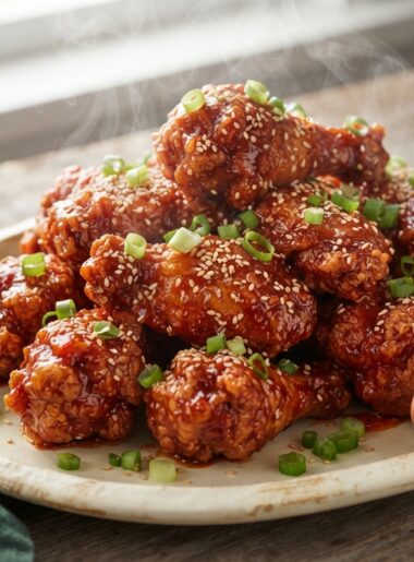 Air fryer Korean fried chicken with sweet spicy glaze on cream platter