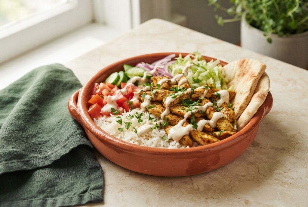 Chicken Shawarma Bowls with Garlic Sauce - golden spiced chicken over rice with fresh vegetables and creamy sauce