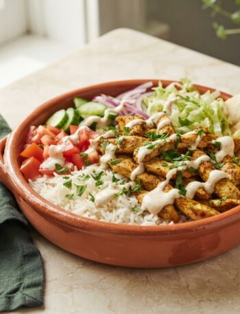 Chicken Shawarma Bowls with Garlic Sauce - golden spiced chicken over rice with fresh vegetables and creamy sauce