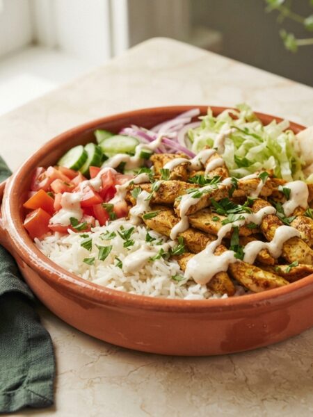 Chicken Shawarma Bowls with Garlic Sauce - golden spiced chicken over rice with fresh vegetables and creamy sauce