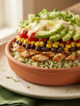 Chicken burrito bowl with cilantro-lime rice, seasoned chicken, black beans, corn, avocado, and fresh toppings on rustic plate