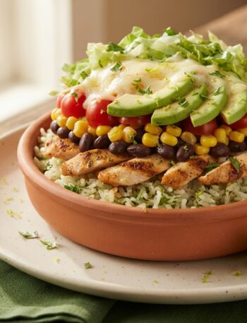 Chicken burrito bowl with cilantro-lime rice, seasoned chicken, black beans, corn, avocado, and fresh toppings on rustic plate