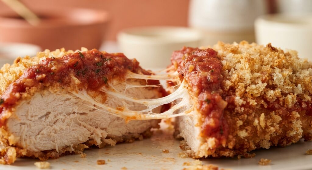 Close-up cross-section of crispy air fryer chicken parmesan showing melted cheese and tender chicken layers