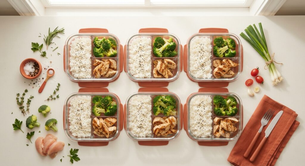 Close-up detail of tender chicken crispy broccoli and fluffy rice in meal prep bowl
