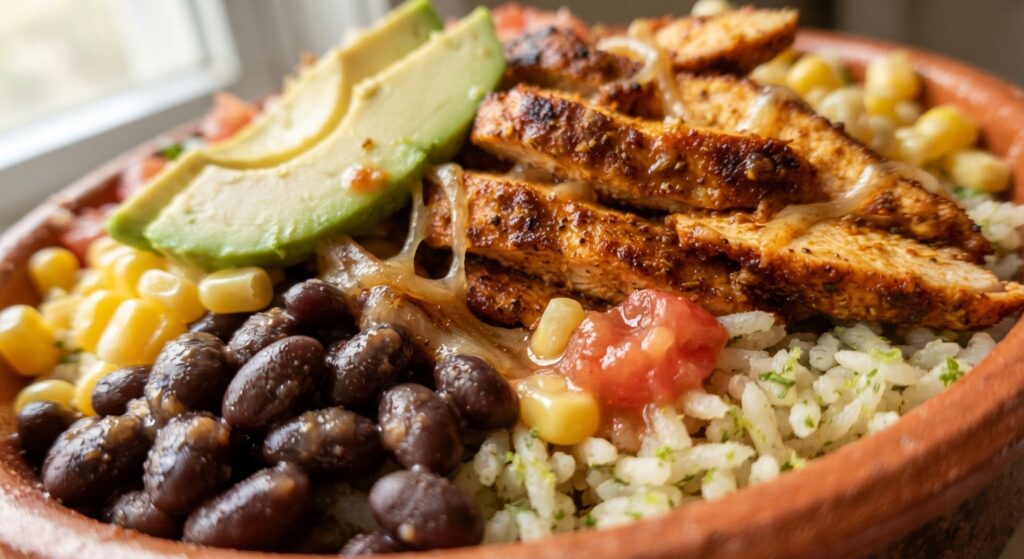 Close-up macro detail of chicken burrito bowl showing seasoned chicken, avocado, beans, corn, and rice textures