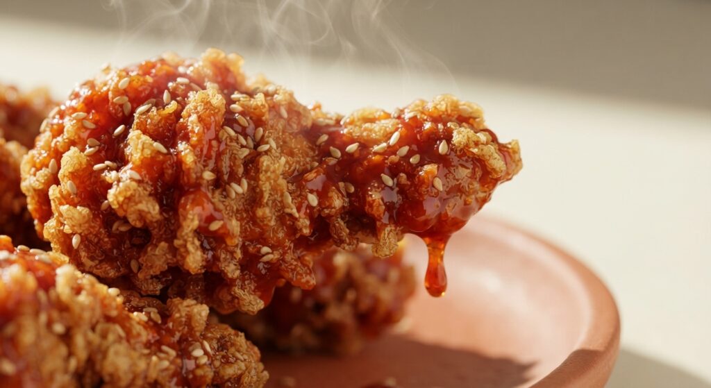 Close-up macro of crispy Korean fried chicken texture with glossy glaze